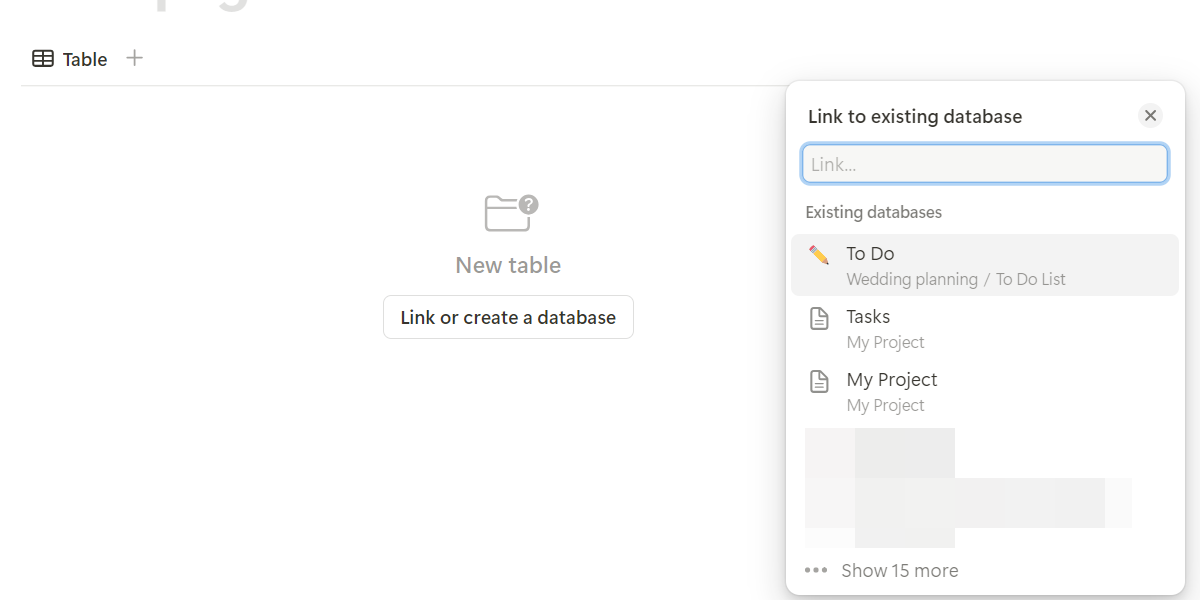 Selecting a linked database in Notion.