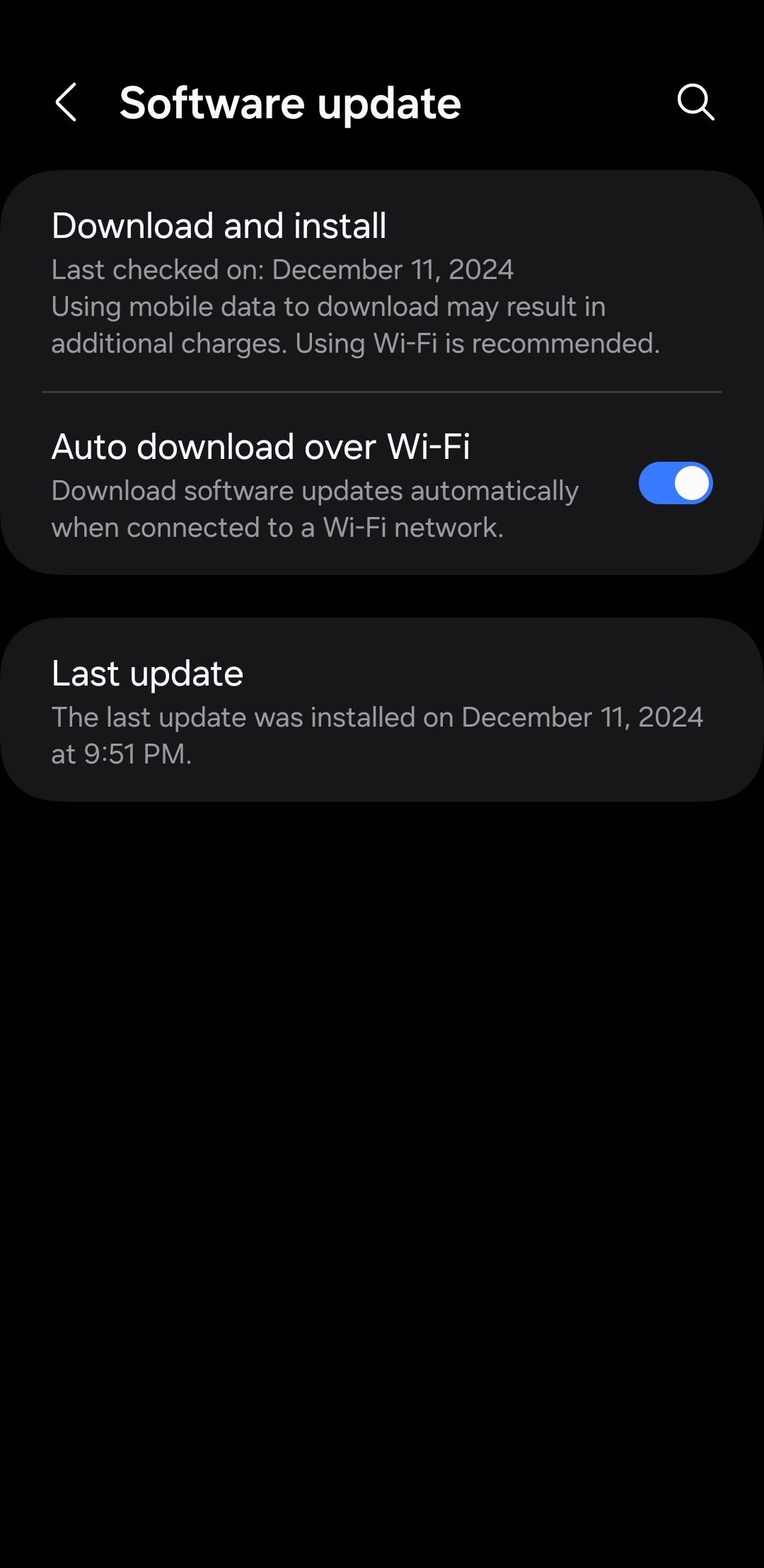 Software update menu on Android phone