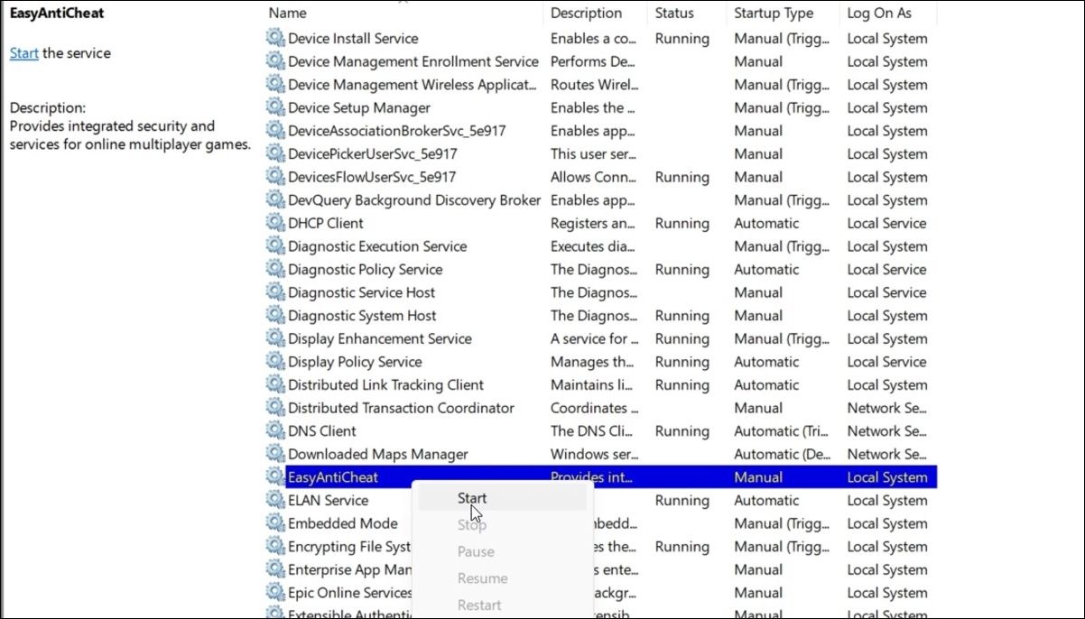 Start EasyAntiCheat service using Windows Services app