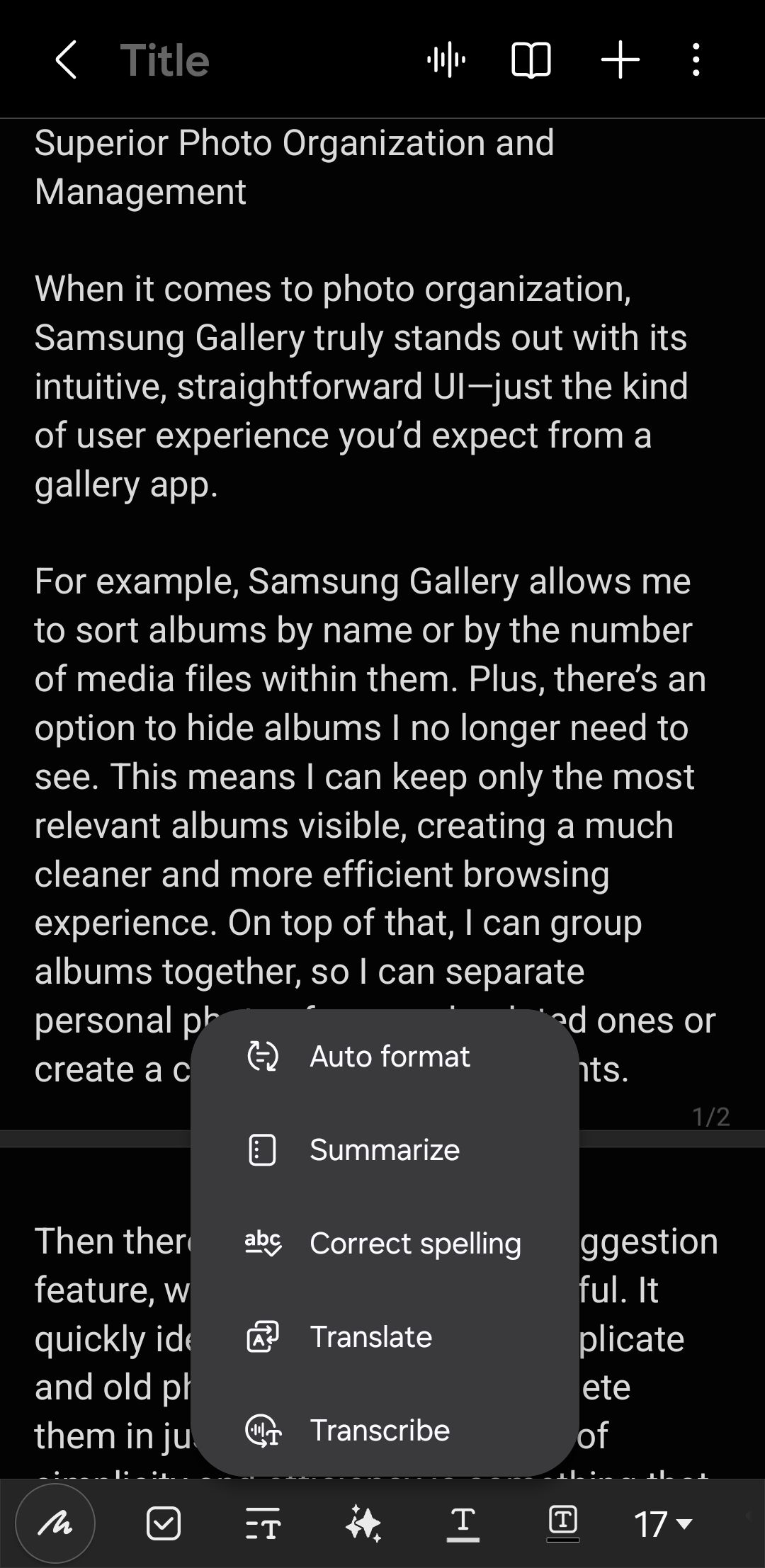 Summarize option in Samsung Notes app