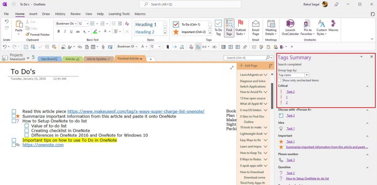 Tags Summary in OneNote