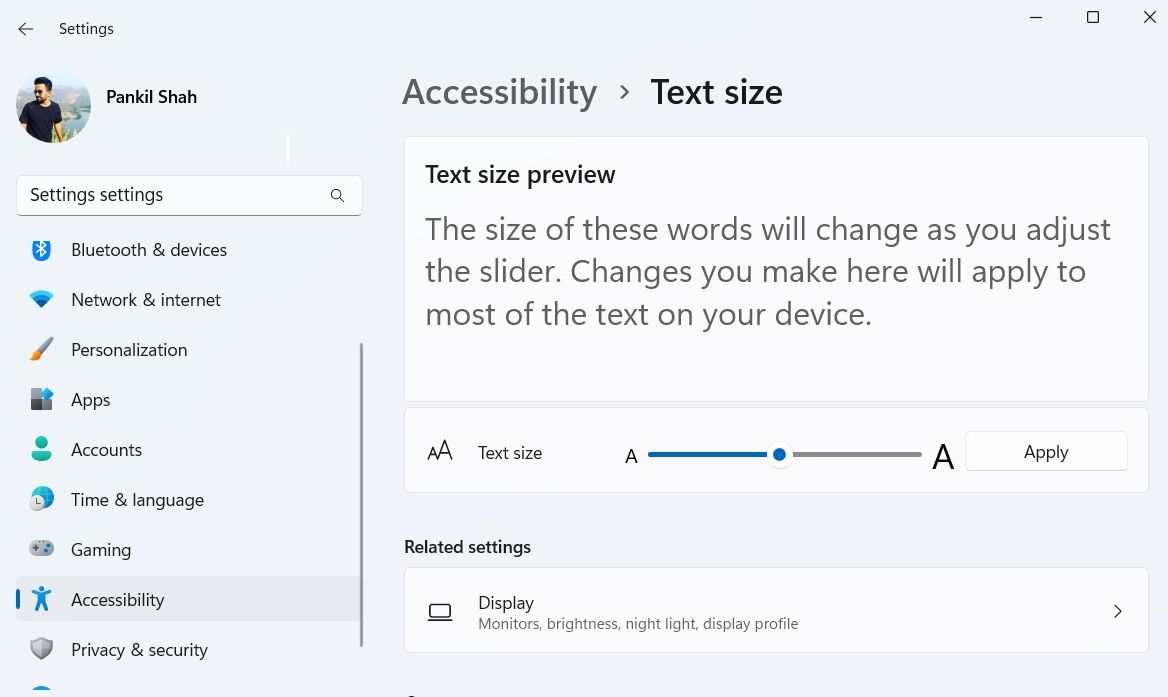 Text size option in Windows Settings app