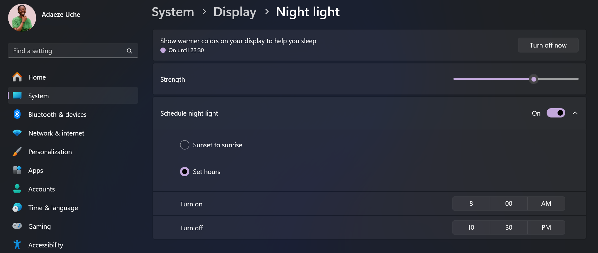 The Night Light feature shown in the Settings app on a Windows 11 laptop
