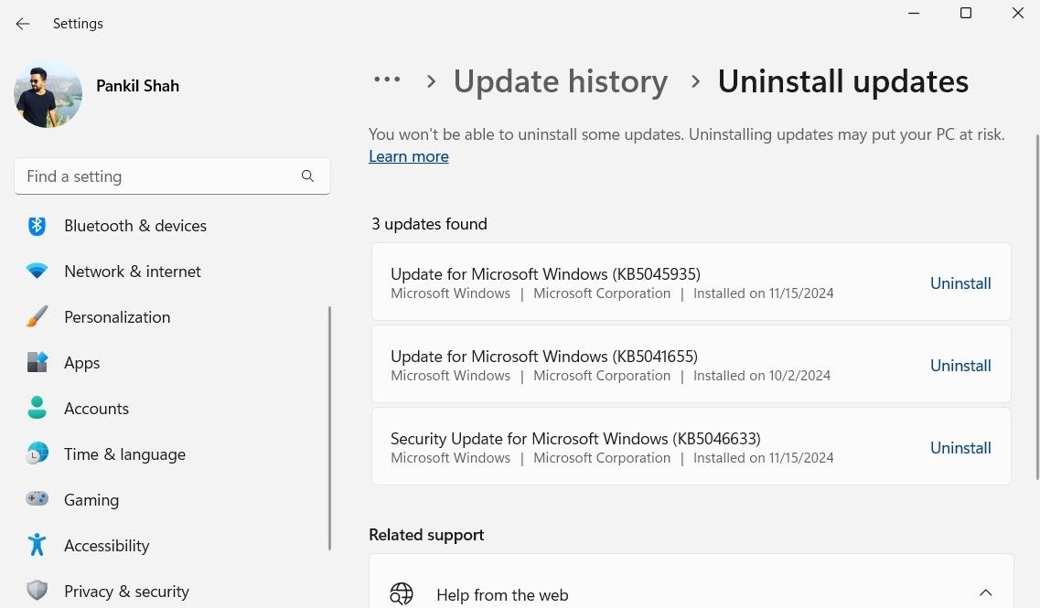 Uninstall Windows Update via Settings