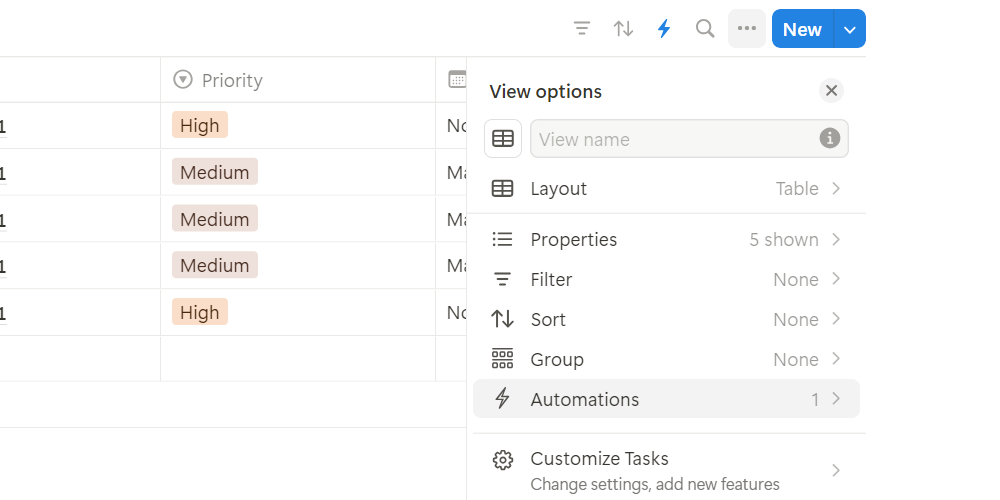 The options of a linked database in Notion.