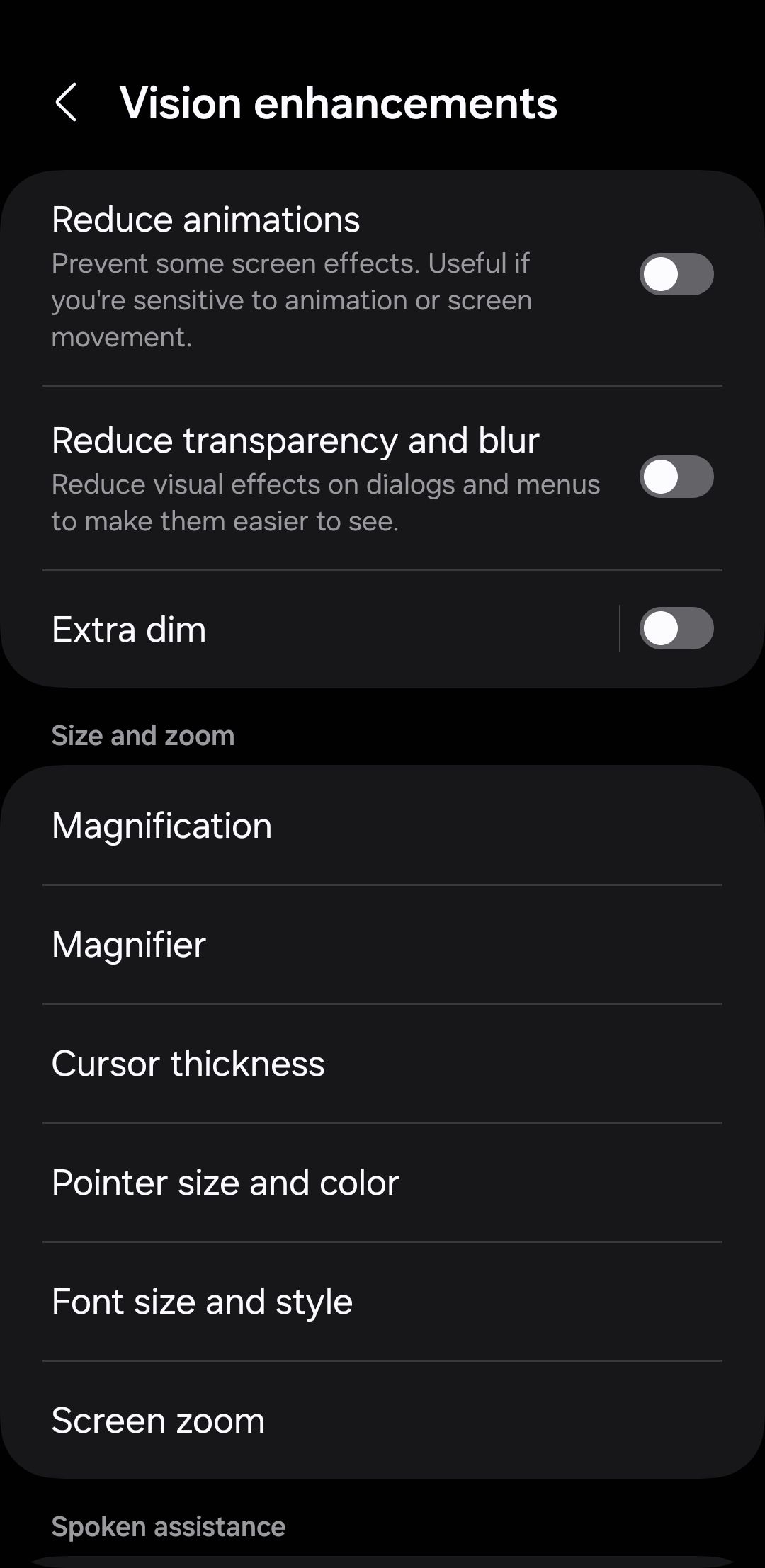 Vision enhancement settings on Android phone