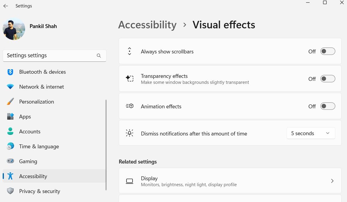 Visual effects menu in Windows Settings app