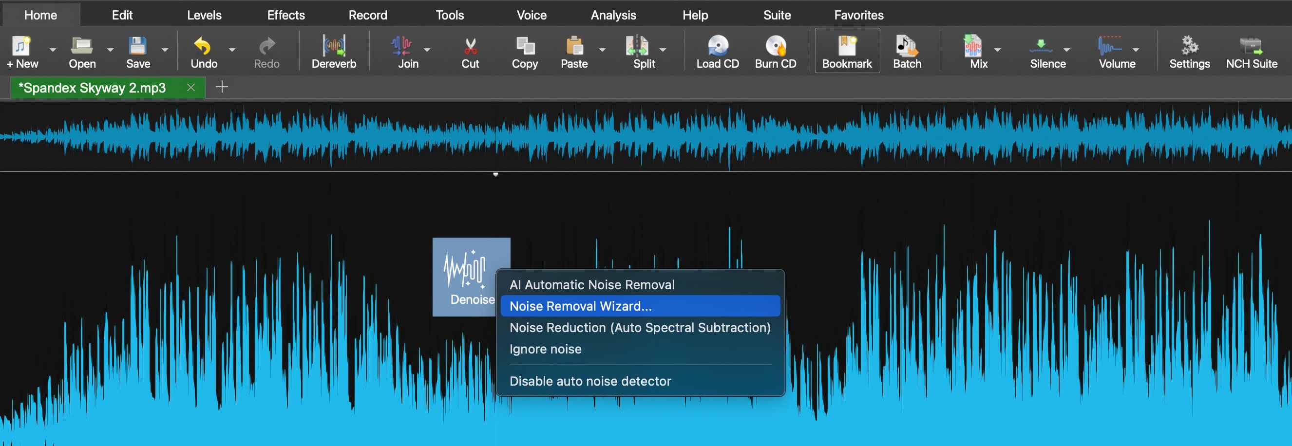 WavePad with the denoiser effect selected.