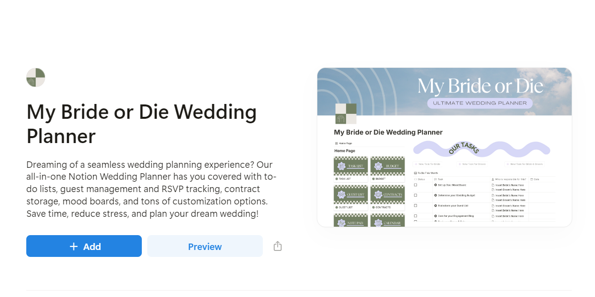 A wedding planner template in Notion.