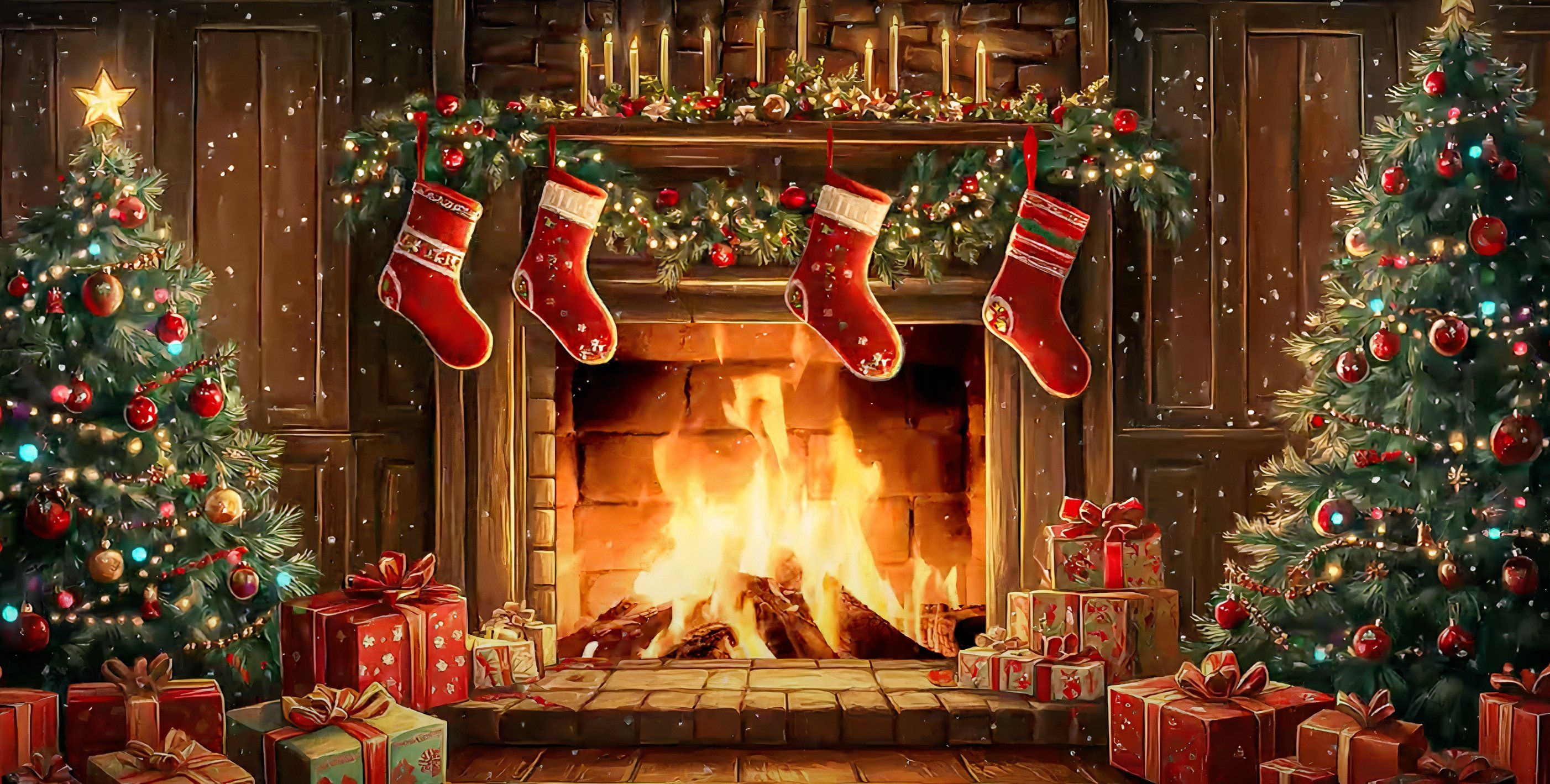 A fireplace with stockings on the White Christmas Playlists channel.