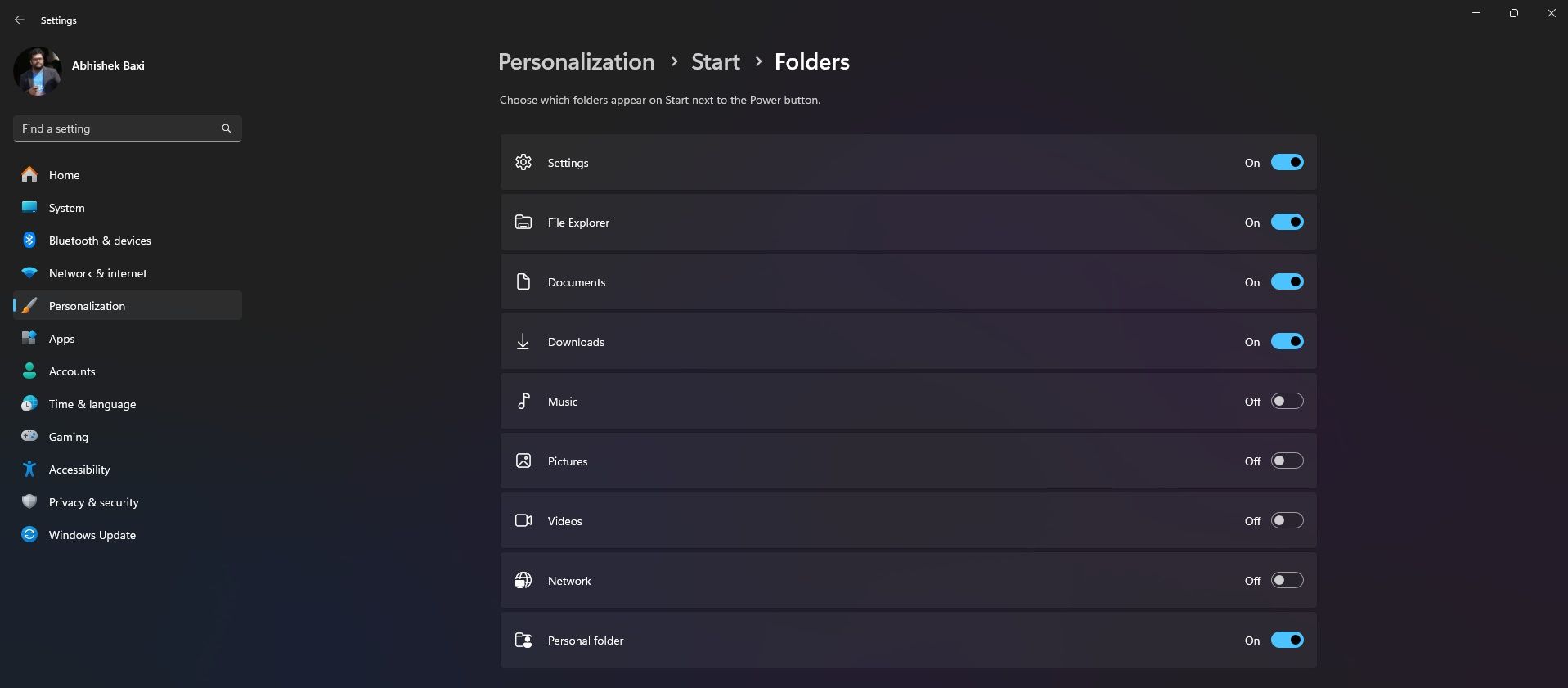 Folders on Start menu on Windows 11