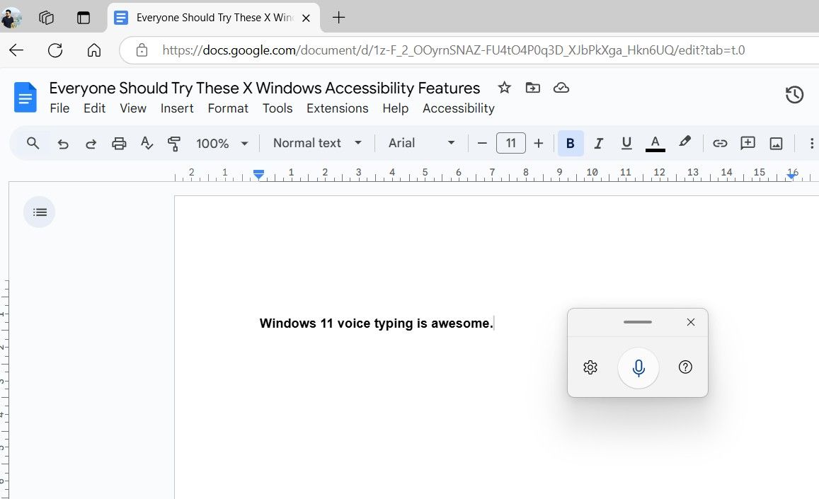 Windows 11 voice typing menu in a Google Docs document