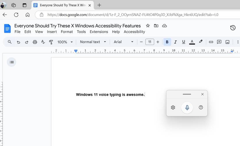 Windows 11 voice typing menu in a Google Docs document