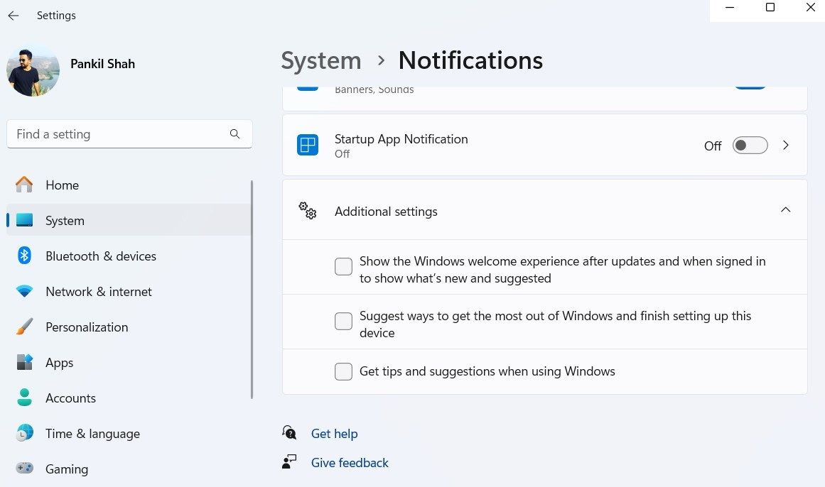 Windows tips and suggestion alerts settings