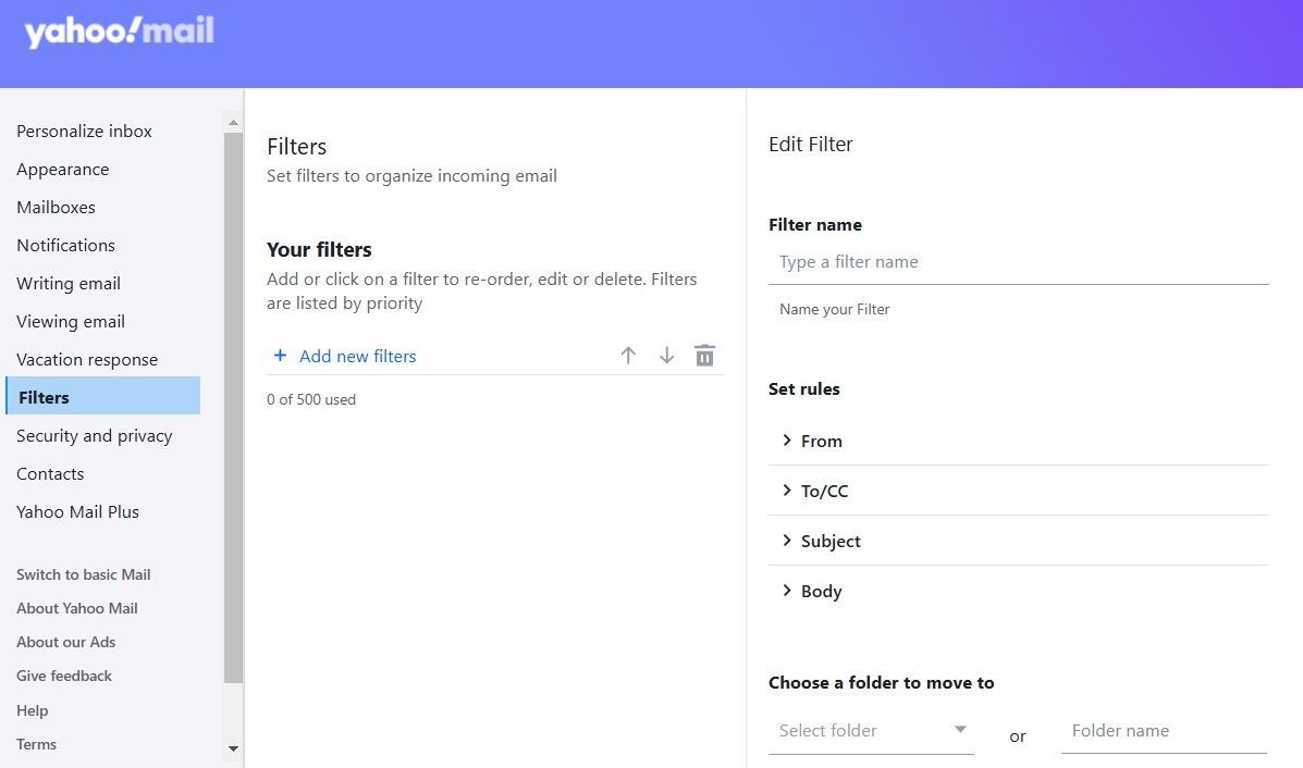 Yahoo mail filter options