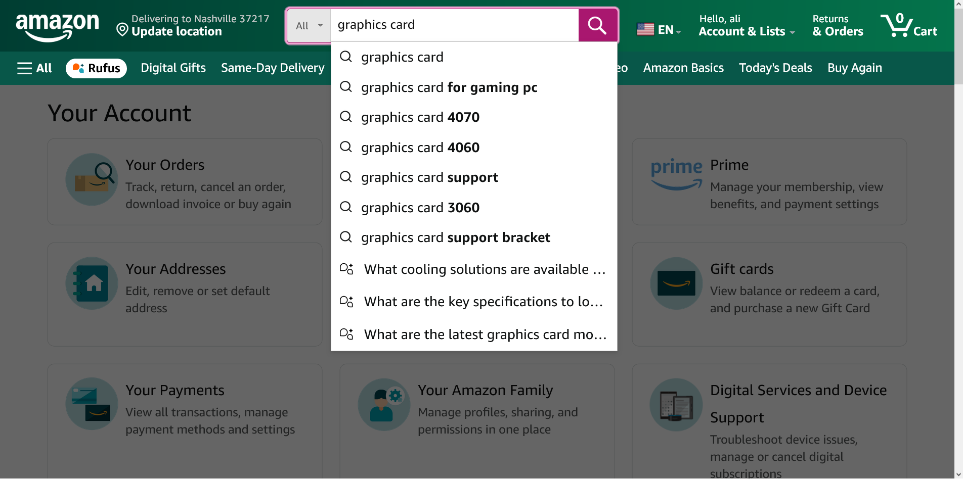 Amazon website with user searching for graphics card 