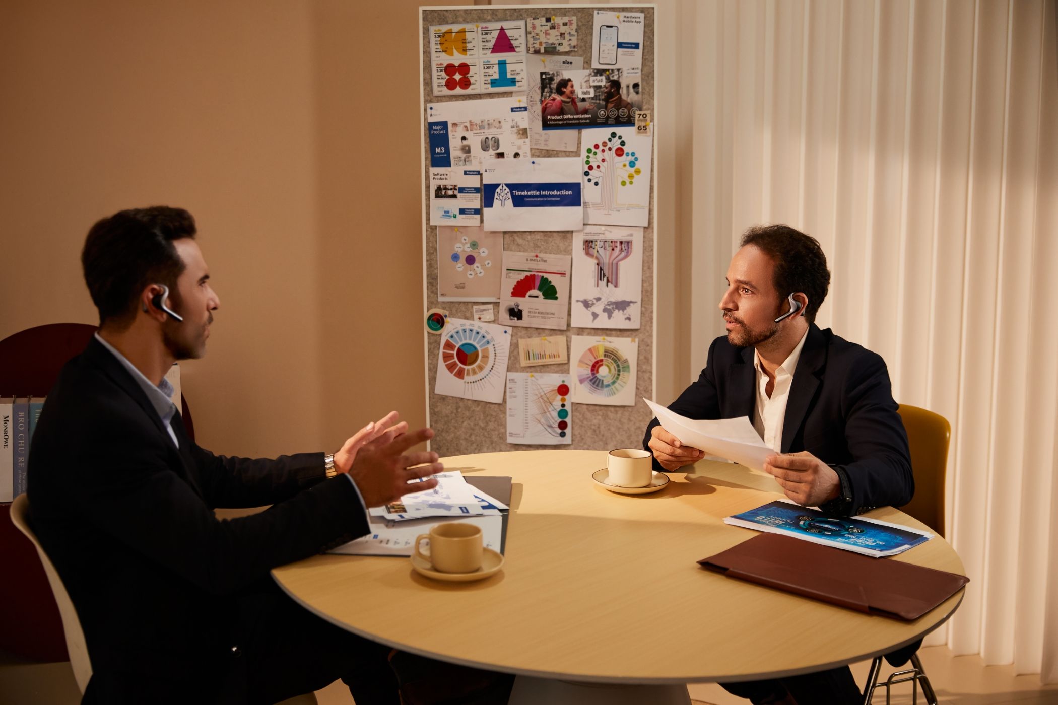 Two Businessman Discussing Plans Wearing W4 Pro Earbuds