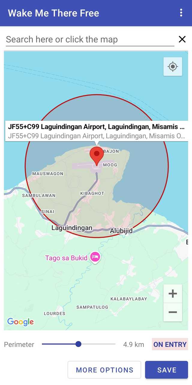 A map showing a 5km radius from an airport