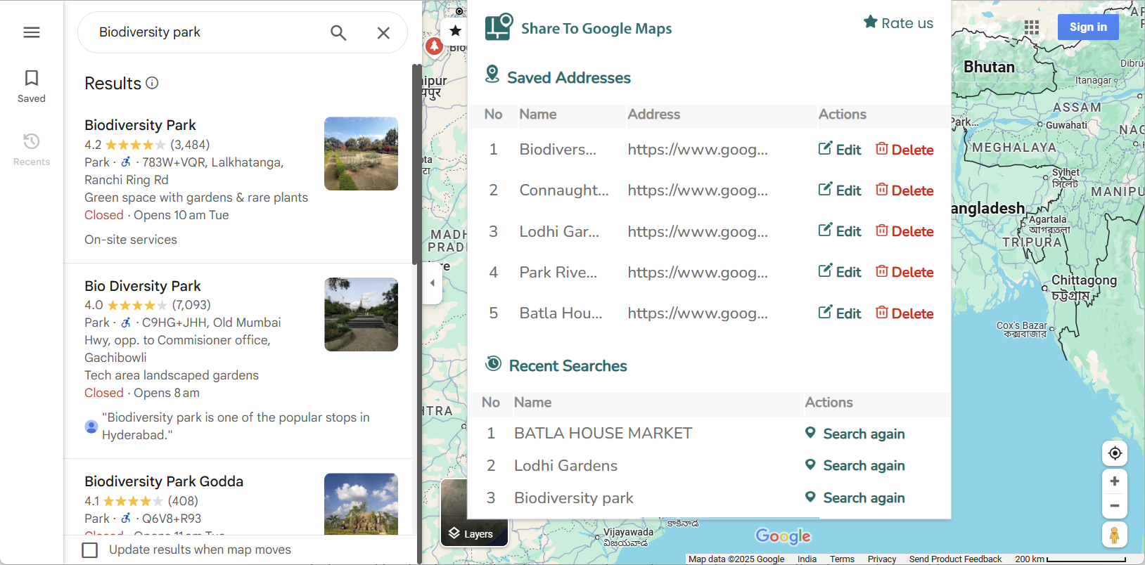 A Google Maps extension with recent searches and saved addresses