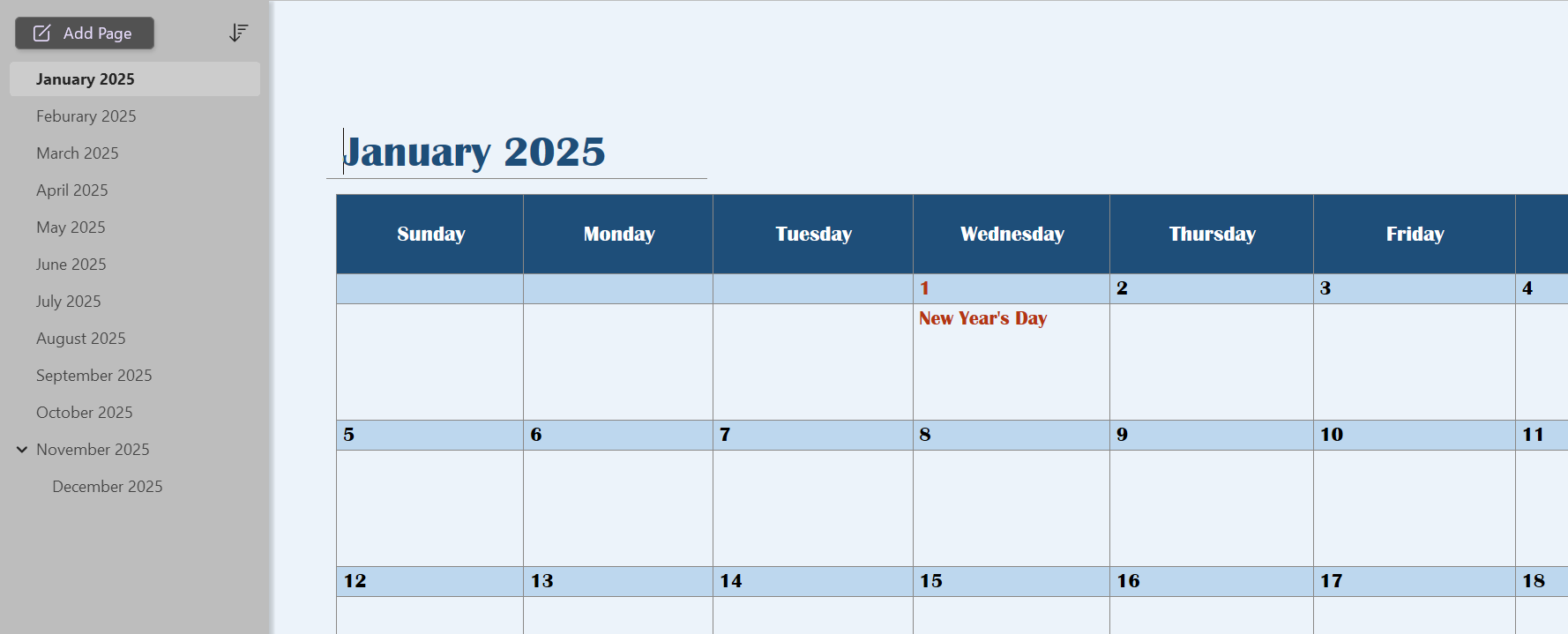 A screenshot showing an installed OneNote template gotten from CalendarLabs