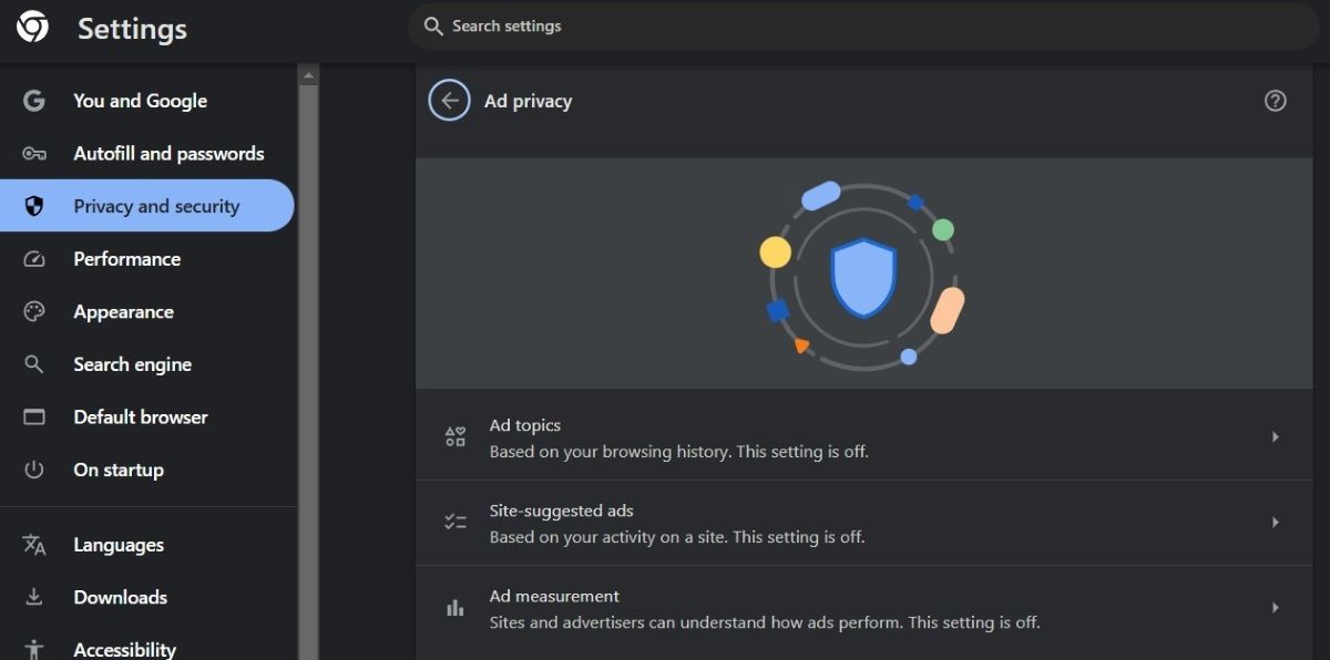 Ads privacy settings menu in Google Chrome