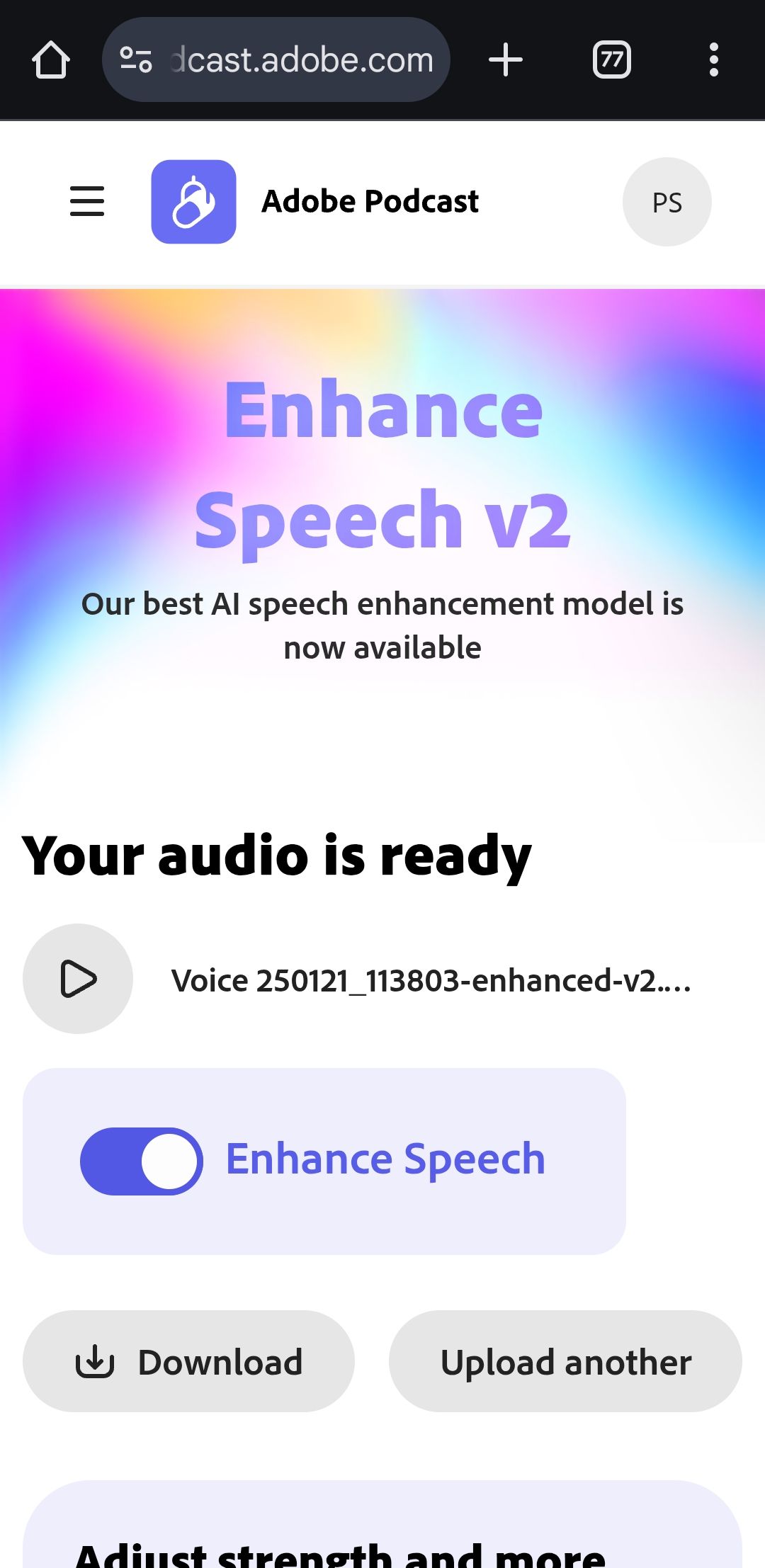 Adobe enhance speech website showing audio file with download option on Chrome for Android