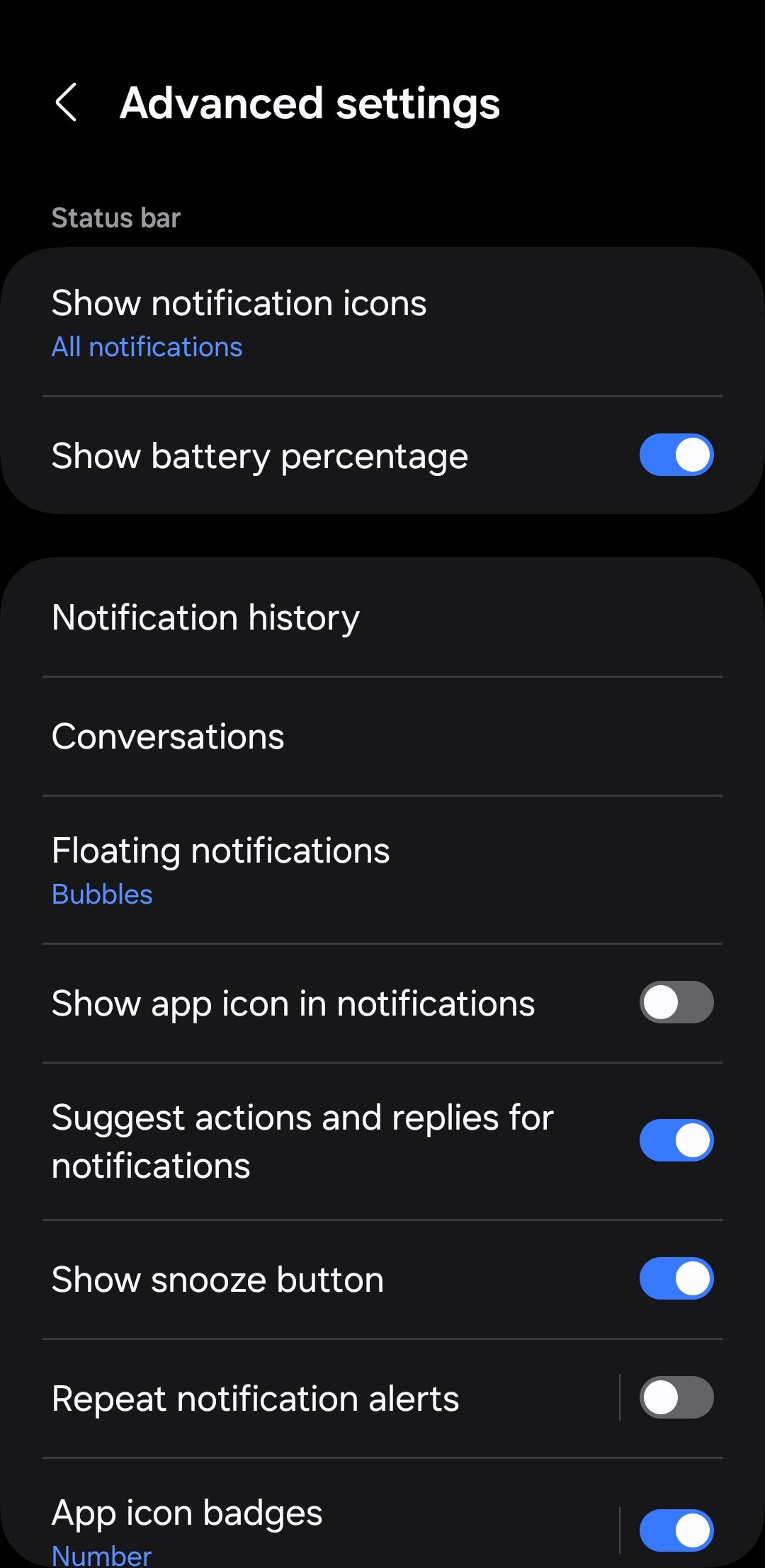 Advanced settings menu on Android