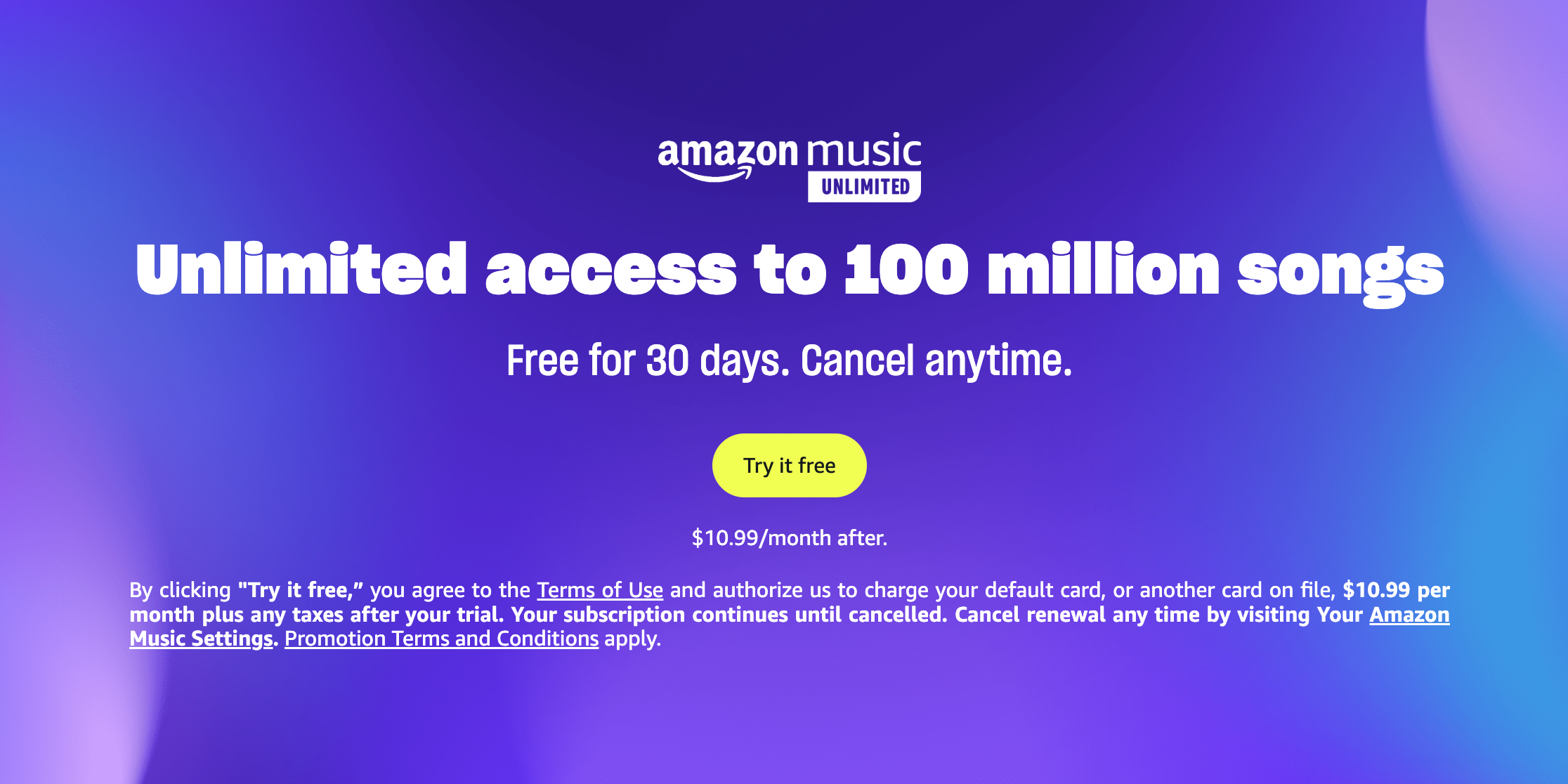 Amazon Music Unlimited advertises its offerings and free trial
