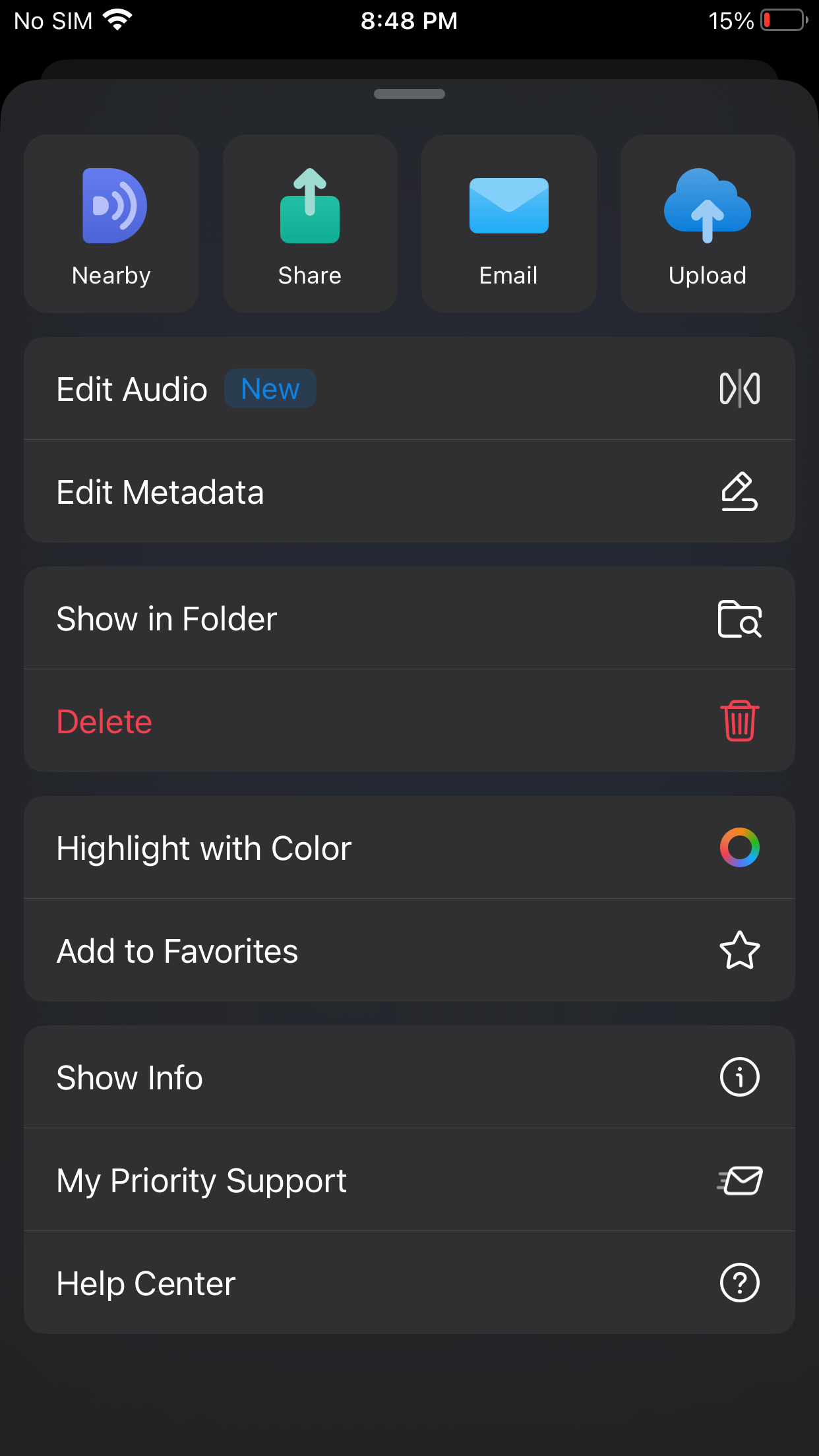 The settings of the audio player in Documents on iPhone.