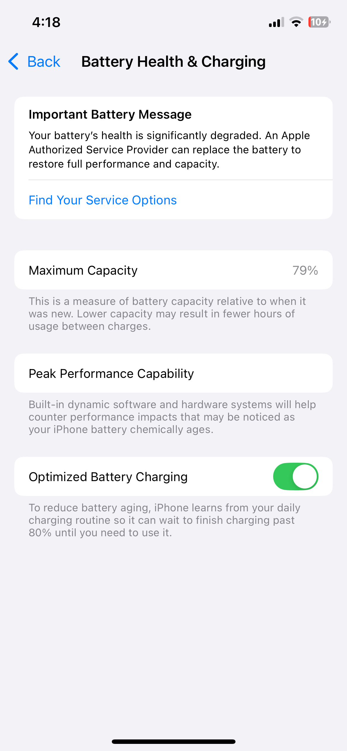 Battery health and charging settings on iPhone