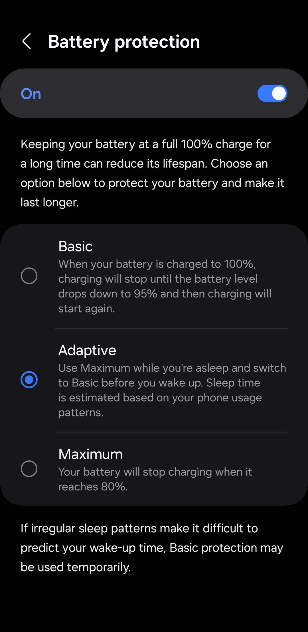 Battery protection settings menu on Android