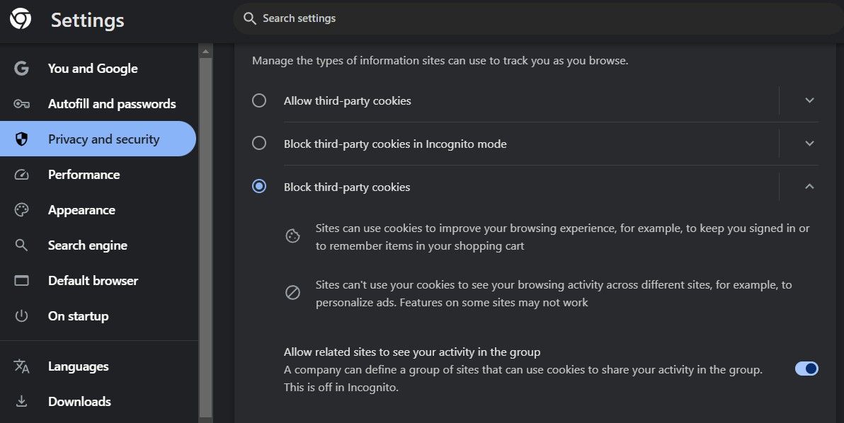 Block third-party cookies option selected in Chrome settings