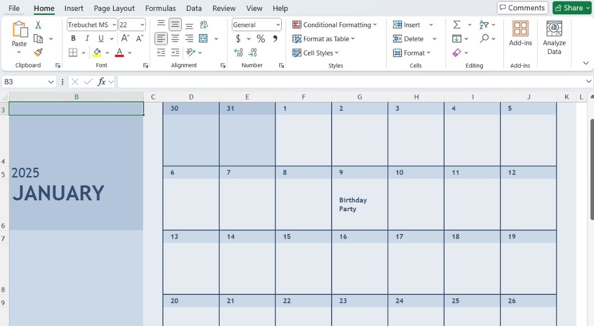 Calendário mostrando o mês de janeiro no Excel