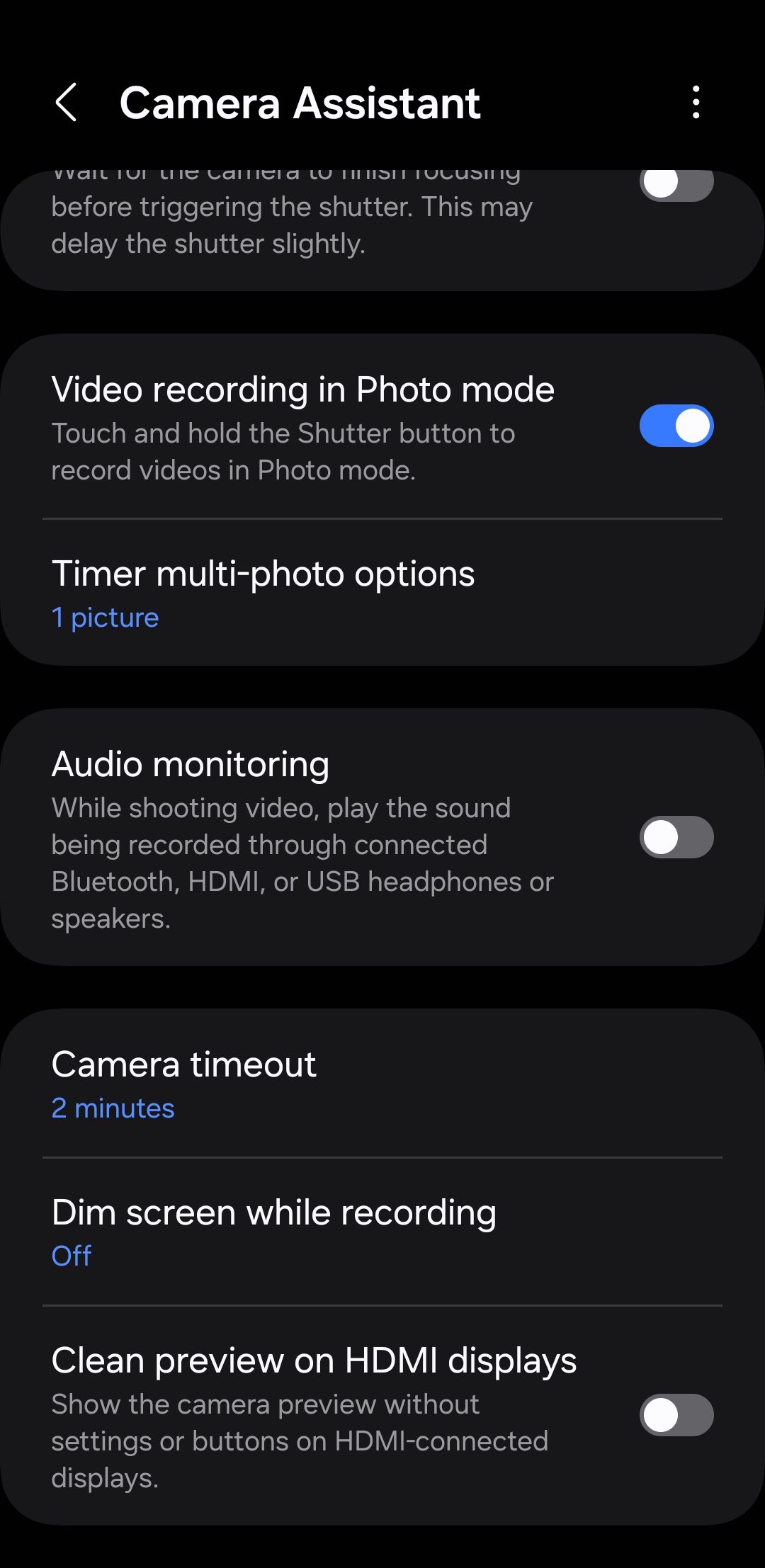 Camera assistant settings module on Samsung phone