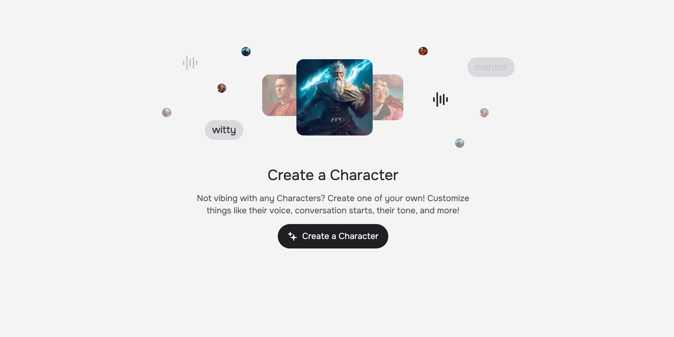 The CharacterAI web app prompts a user to create their own character