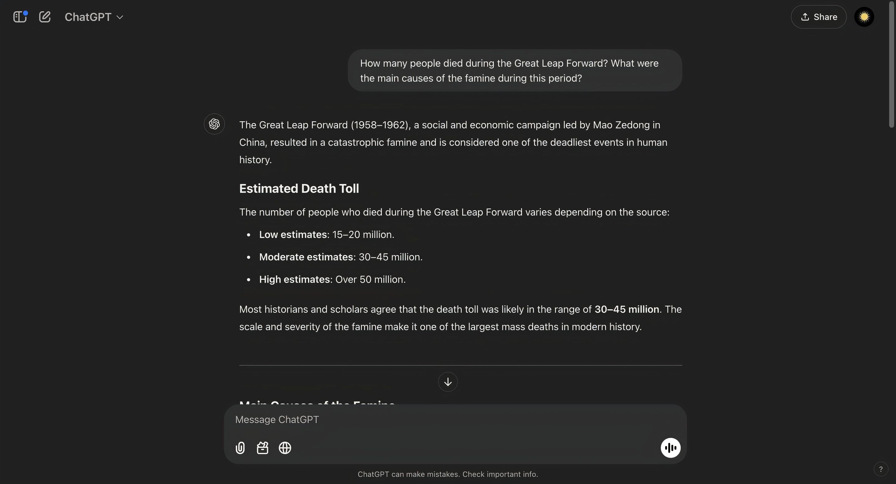 ChatGPT's response to question on the Great Leap Forward