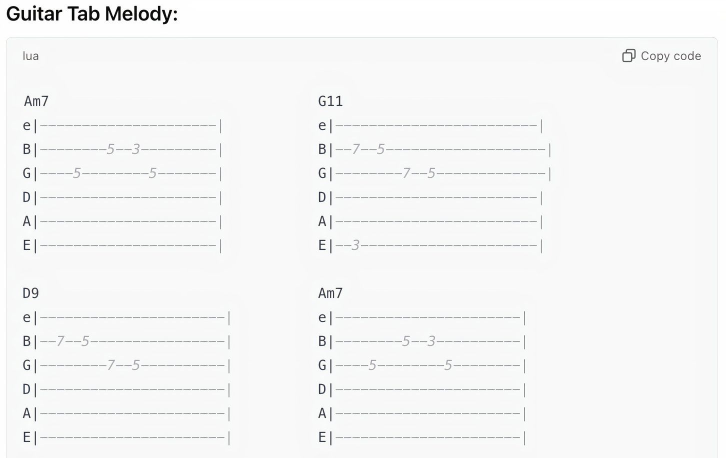 A ChatGPT guitar tablature melody for specified chords.