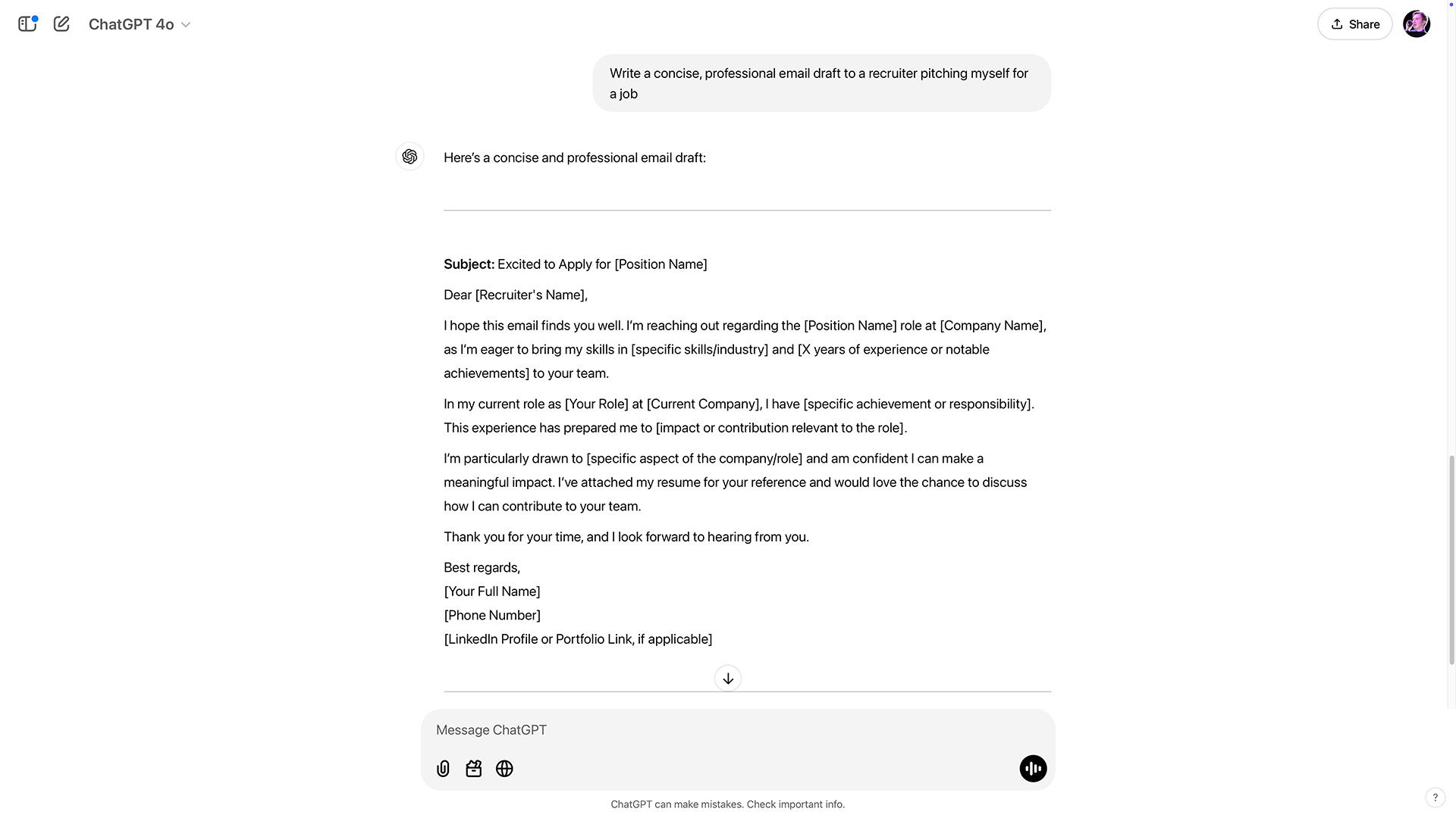 ChatGPT writing an email to a recruiter more concisely.