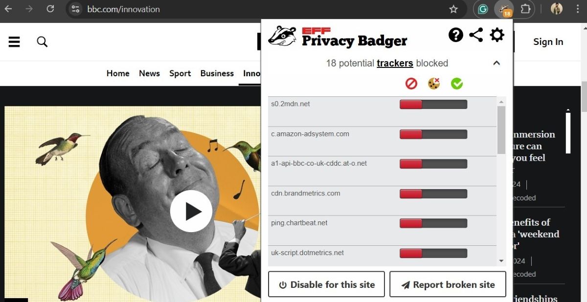 Chrome showing BBC website with Privacy Badger extension