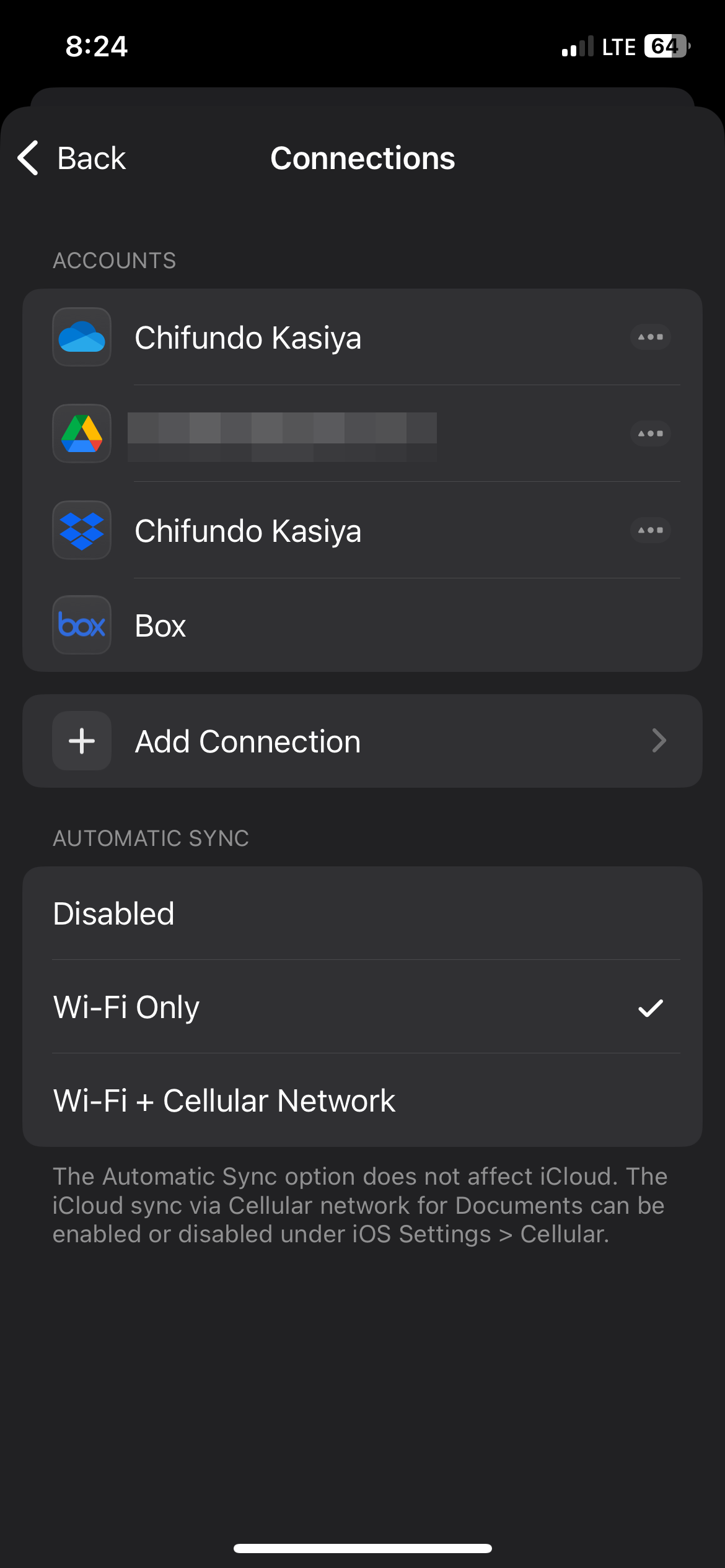 The "Connections" screen in the settings of Documents on iPhone.