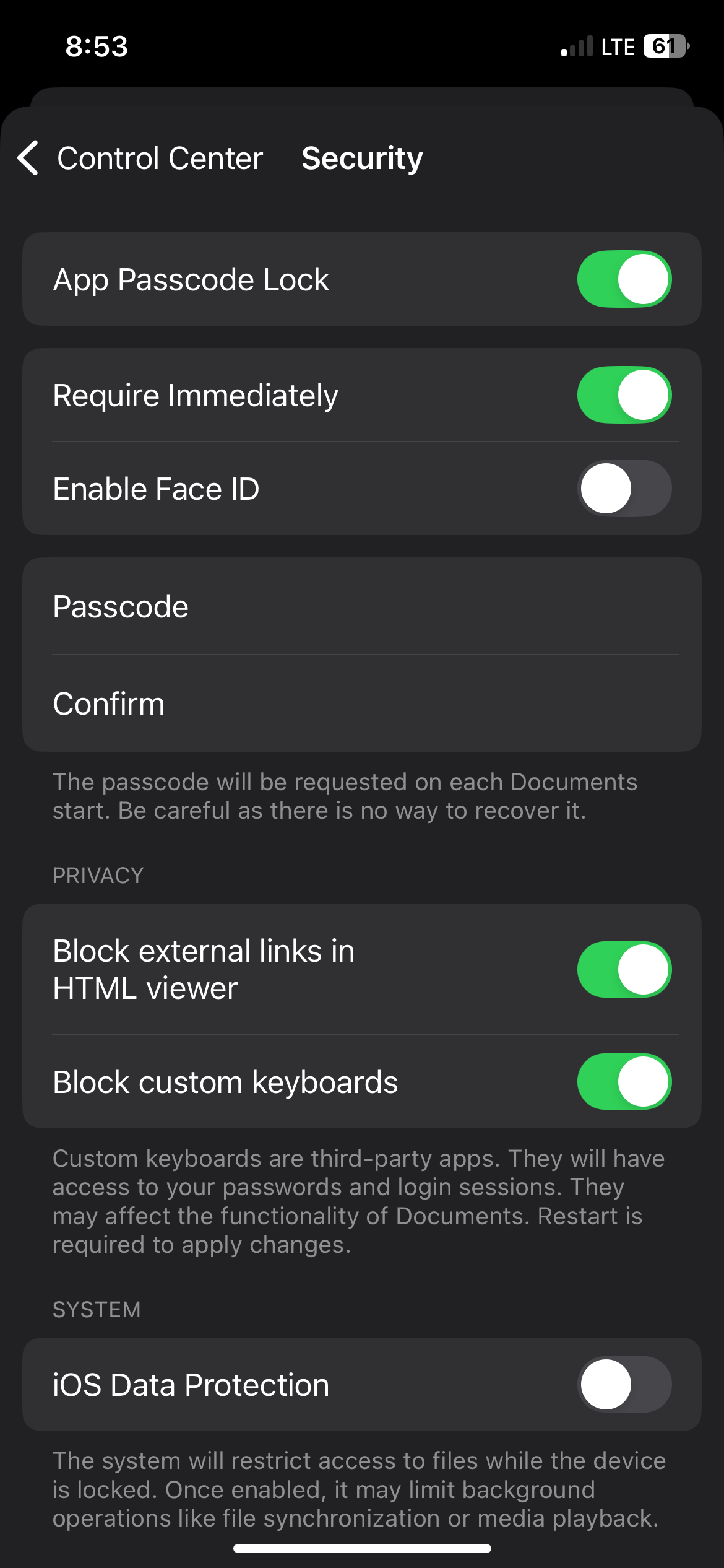 The security settings in Documents on iPhone.