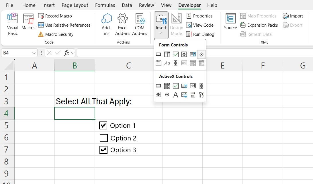 Guia do desenvolvedor no Excel mostrando caixas de seleção