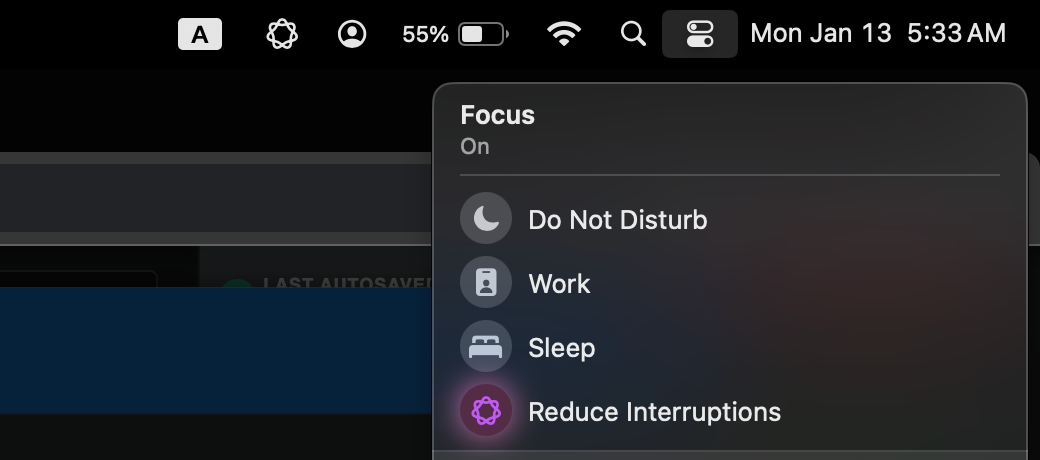 Different Focus modes on a Mac, including Reduce Interruptions