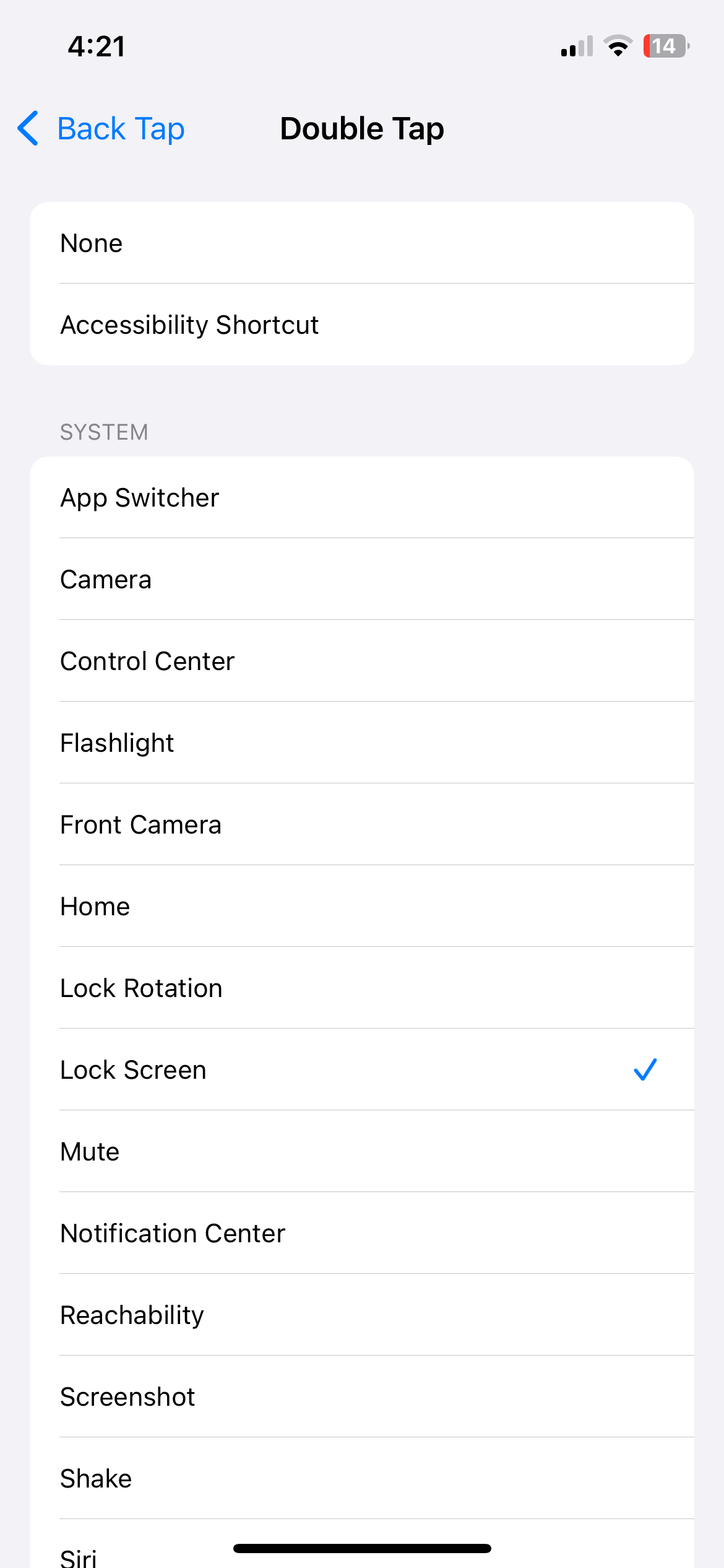 Double Tap settings menu on iPhone