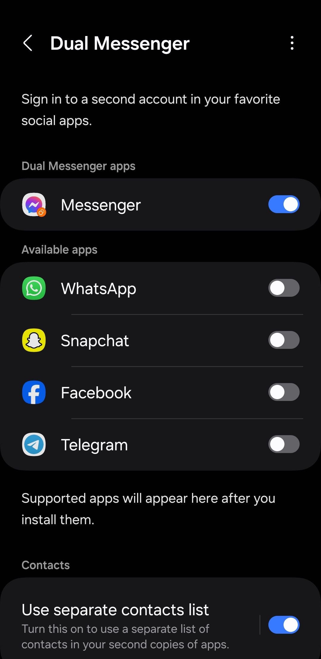 Dual Messenger menu on Samsung phone