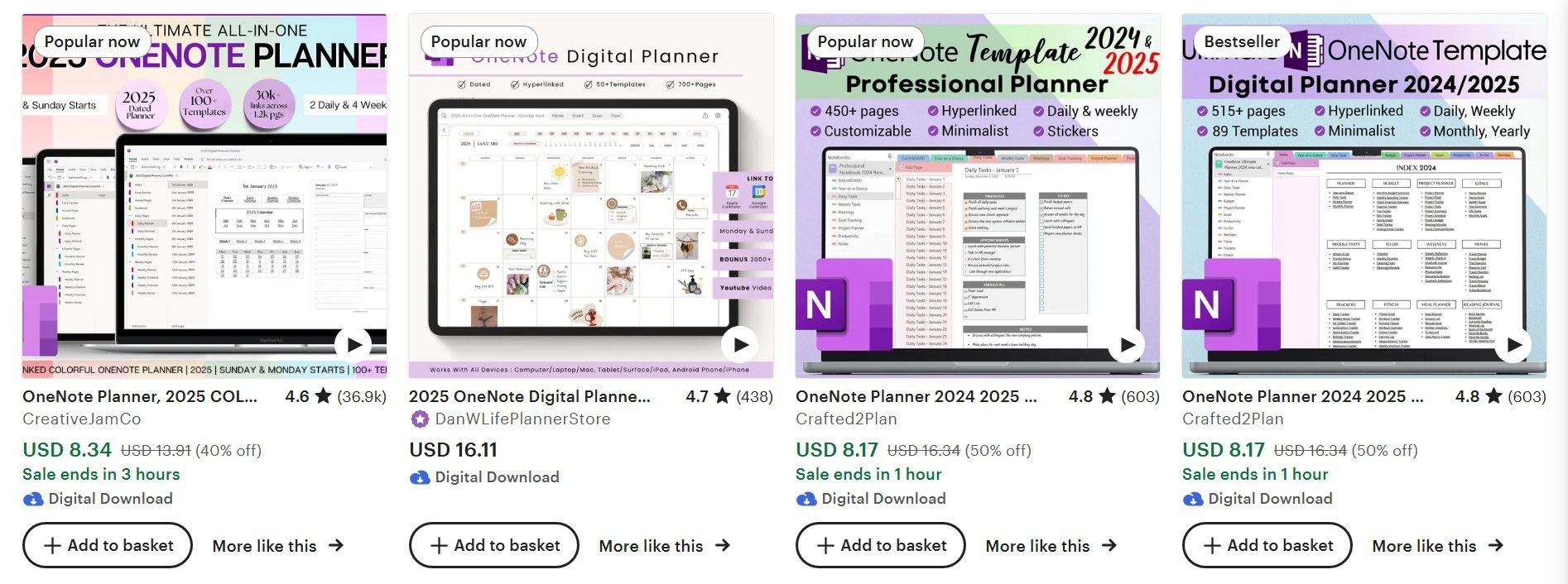 Etsy Search Results Page Showing OneNote Templates