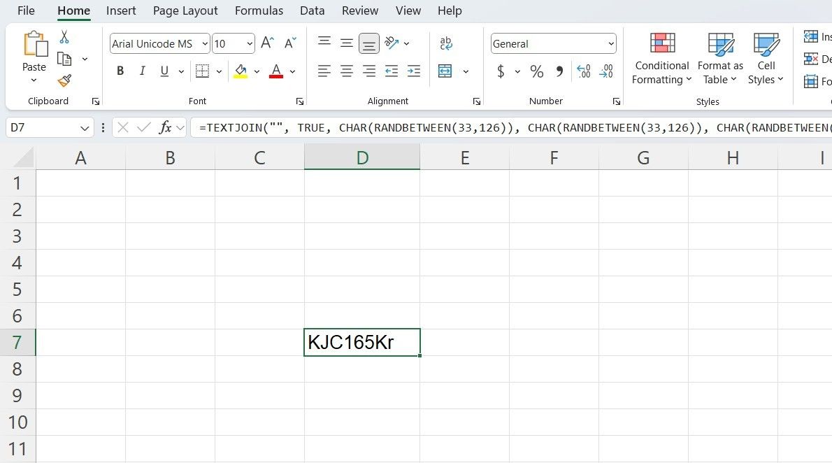 Excel mostrando senha aleatória gerada usando fórmula
