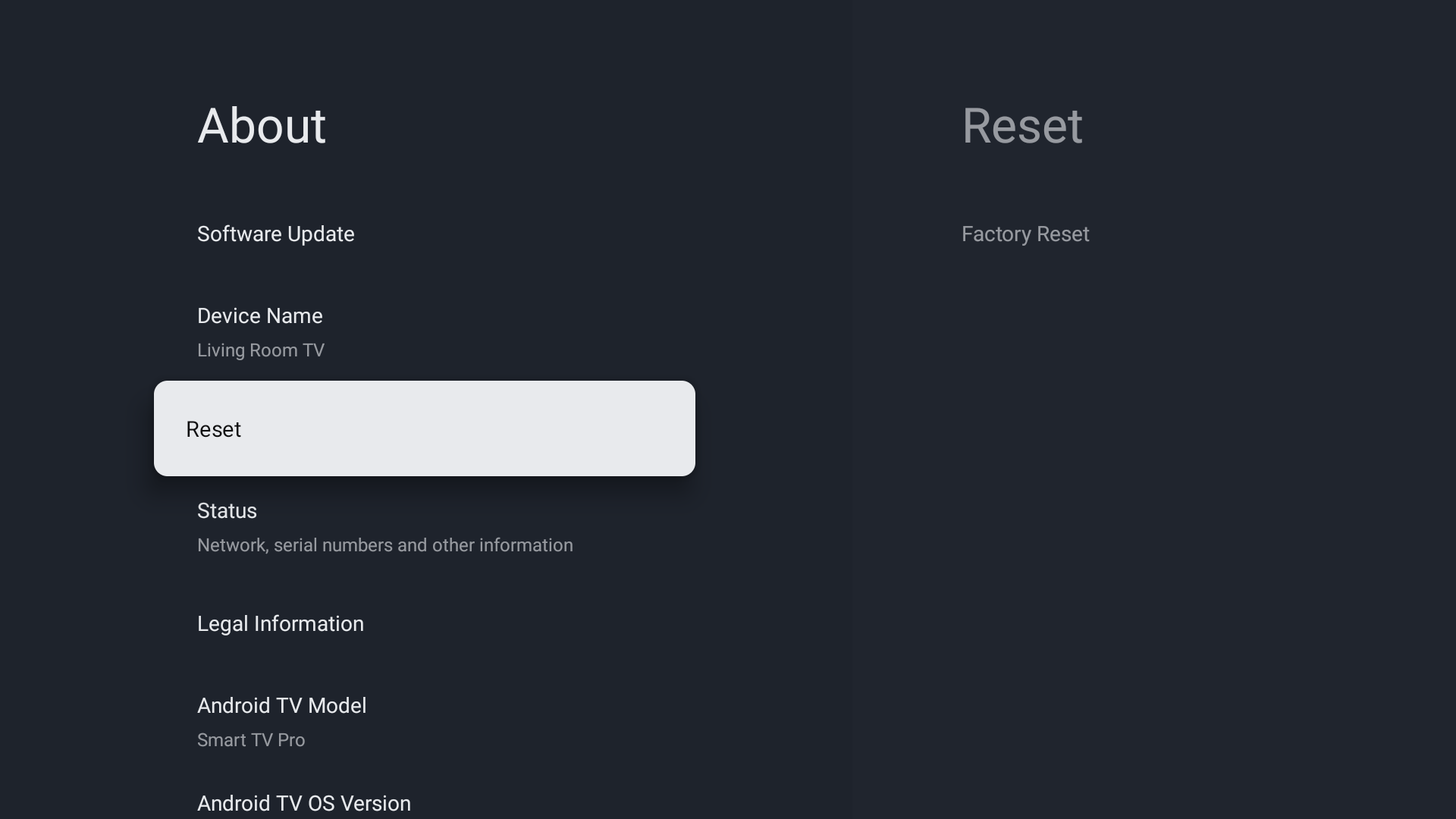 Factory Reset option in Android TV settings