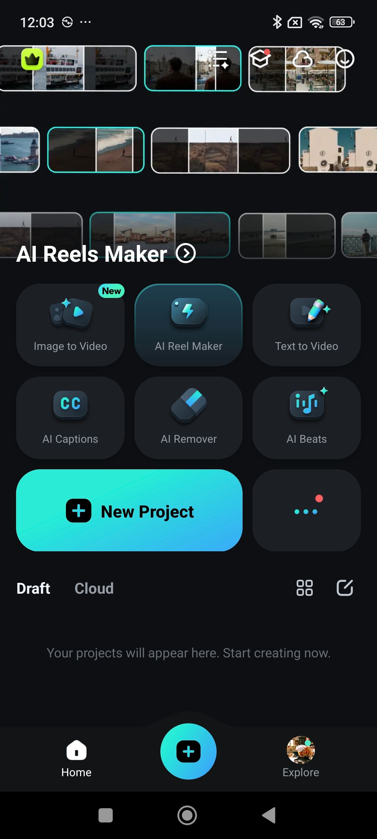 Filmora app homepage