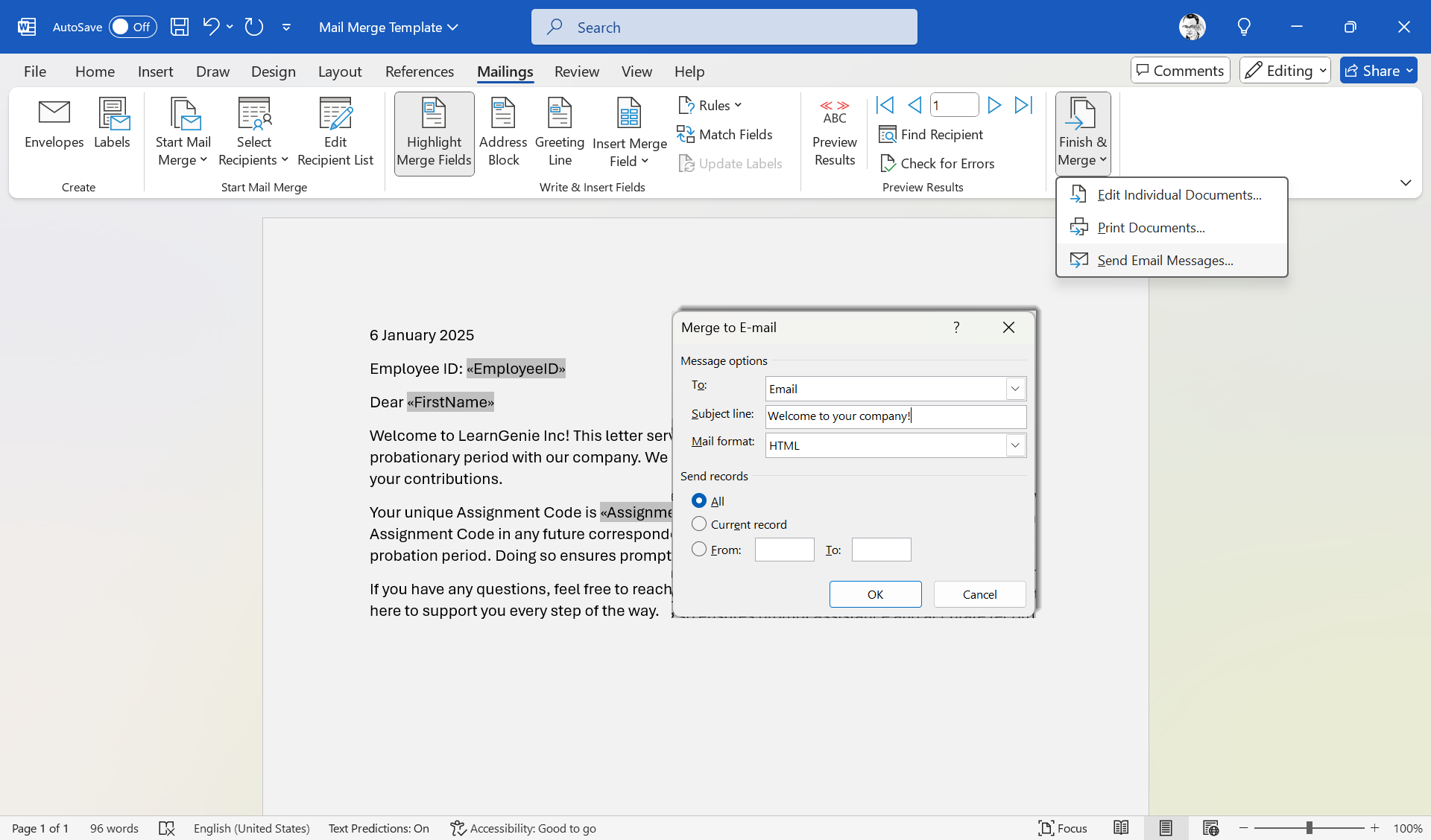 Terminando o processo de mesclagem no Microsoft Word